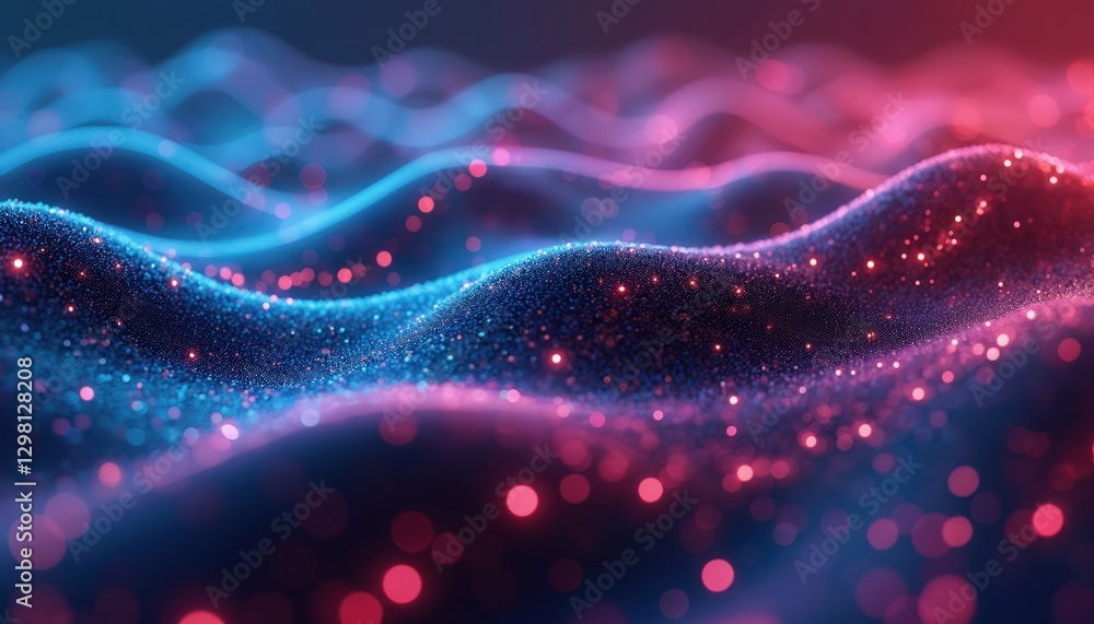 Leinwandbilder Blue, pink neon wave pattern with dotted lights. Network tech concept. Digital glow, futuristic cybernetic background. Vibrant dynamic flow with colourful waveform dots, signal transmission for