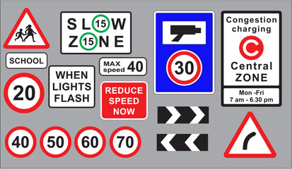 Assorted road signs and  Congestion charge sign in British isles © SERGEI