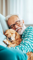 Cozy Nap: Senior man and dog bonding, resting together in peaceful slumber, friendship, home comfort. Concept: companionship, relaxation.