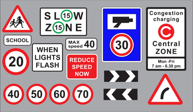 Assorted road signs and  Congestion
charge sign in British isles