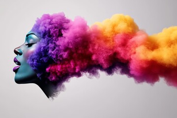 Fototapeta premium Artistic conceptual portrait of a woman with vibrant colored smoke emanating from her head representing creative imagination surreal thought and abstract digital aesthetics