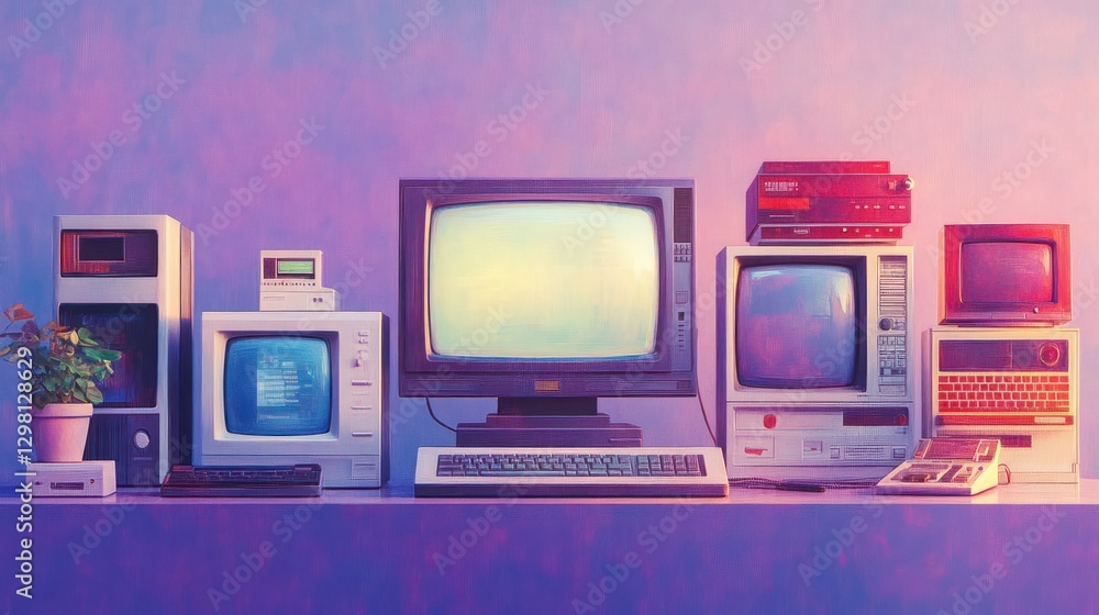 Poster retro computers and electronics on shelf.