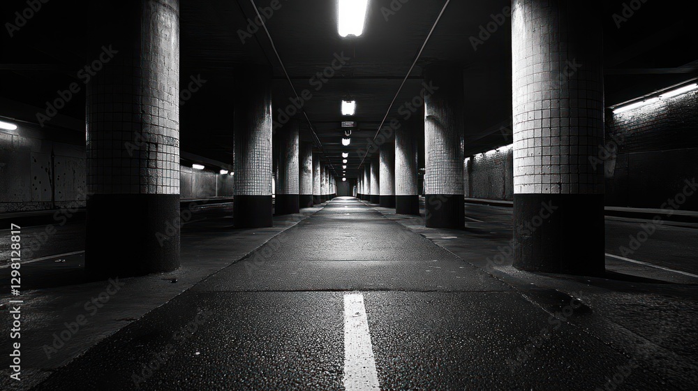 Aufkleber monochrome image of a long, dark underpass with columns and a central line.