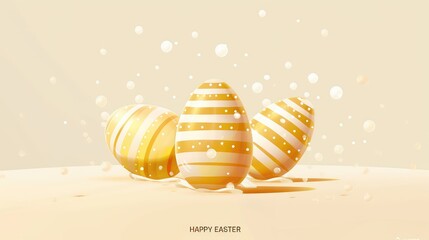 Golden Easter eggs on light yellow background with "HAPPY EASTER". Striped egg with dots. Perfect for greeting cards, banners, posters, or web art.