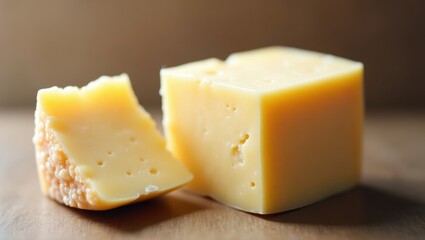 Padano. Cheddar cheese block and slice on wooden table closeup natural