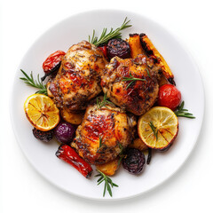 Roasted Chicken and Vegetables on a Plate: Deliciously roasted chicken thighs and colorful vegetables, artistically arranged on a pristine plate, showcasing a culinary masterpiece.