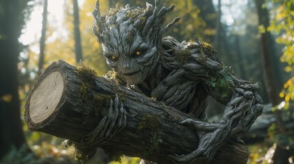 A tree-like humanoid lifting a heavy log as part of a workout in the woods 