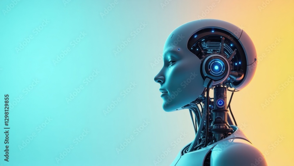 Poster responsible ai. robot is wearing headphones and blue shirt
