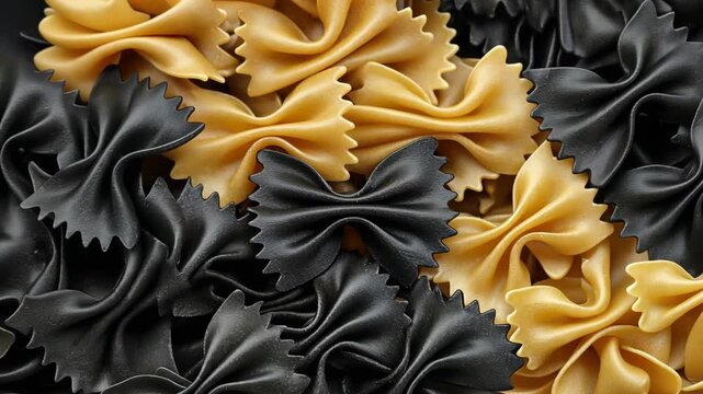 Varied colors of bowtie pasta arranged neatly on a dark surface highlighting their shape and texture