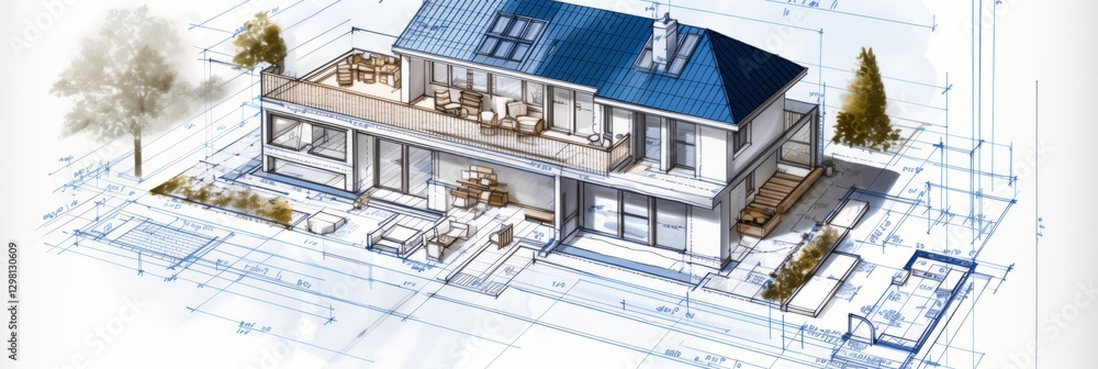 Poster vision of architecture of a 3d model house project with blueprint