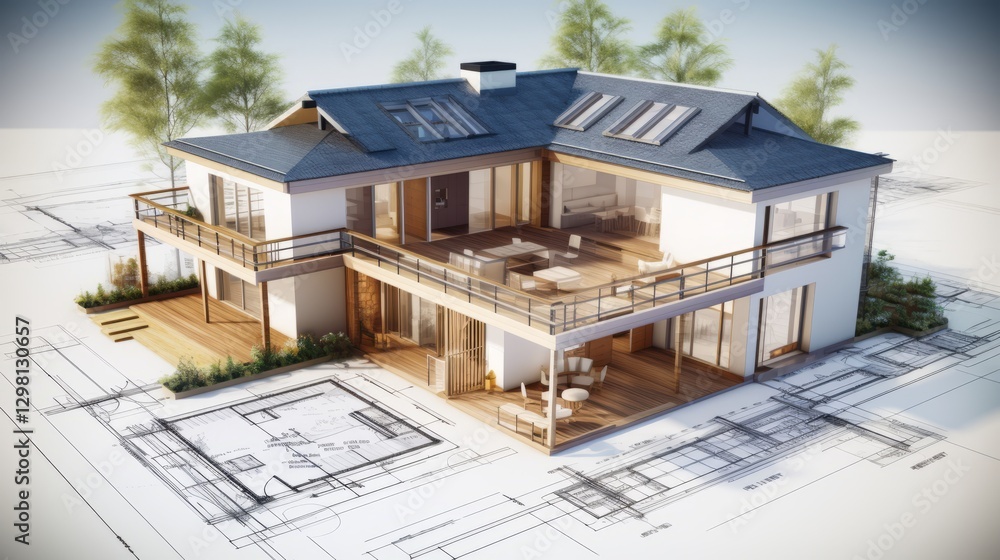 Aufkleber vision of architecture of a 3d model house project with blueprint