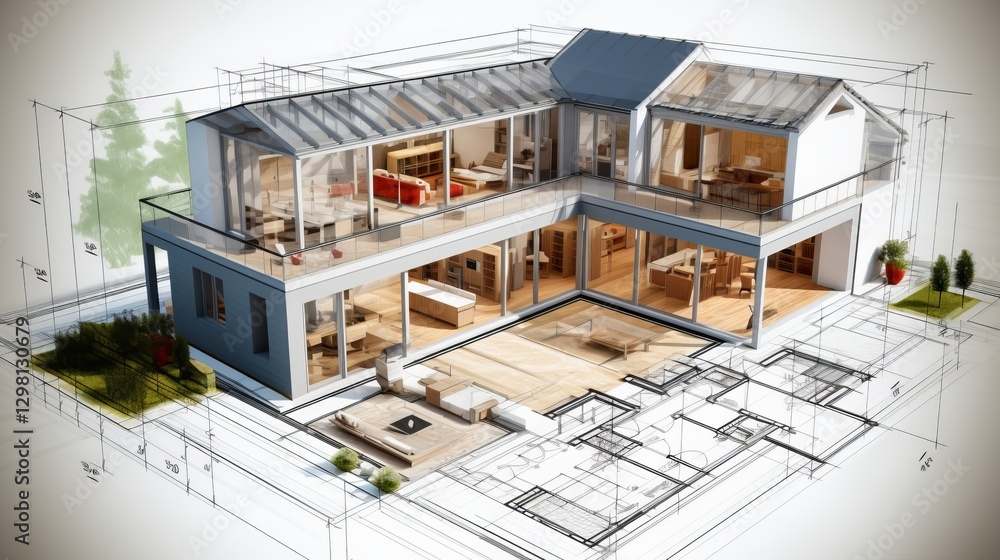 Poster vision of architecture of a 3d model house project with blueprint