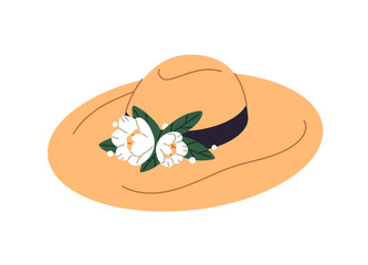 Icon of female summer hat. Women's straw sunhat is decorated with flowers. Sun headgear with floral decor for lady's wearing. Beach clothes. Flat isolated vector illustration on white background