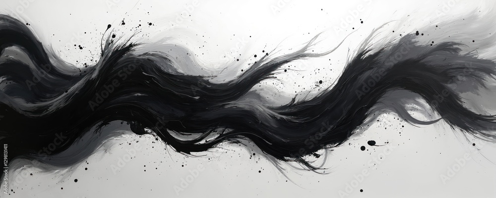 Poster dynamic expressive dark brush strokes form wavy abstract pattern, evokes movement, intensity. artist