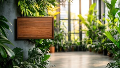 Blank Brown Wooden Sign in Lush Green Indoor Garden