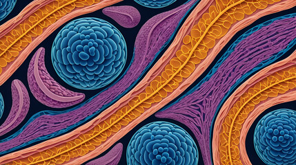 Colorful illustration of human muscle cells with detailed cellular structures, mitochondria, and nuclei, showcasing muscle fibers and tissues in a vibrant, microscopic view.