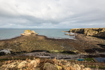 View of the Brough Bay near Brough village, Scotland's most northerly mainland village, Caithness, United Kingdom. Coastal scenery near Brough.
