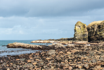 View of the Brough Bay near Brough village, Scotland's most northerly mainland village, Caithness, United Kingdom. Coastal scenery near Brough.