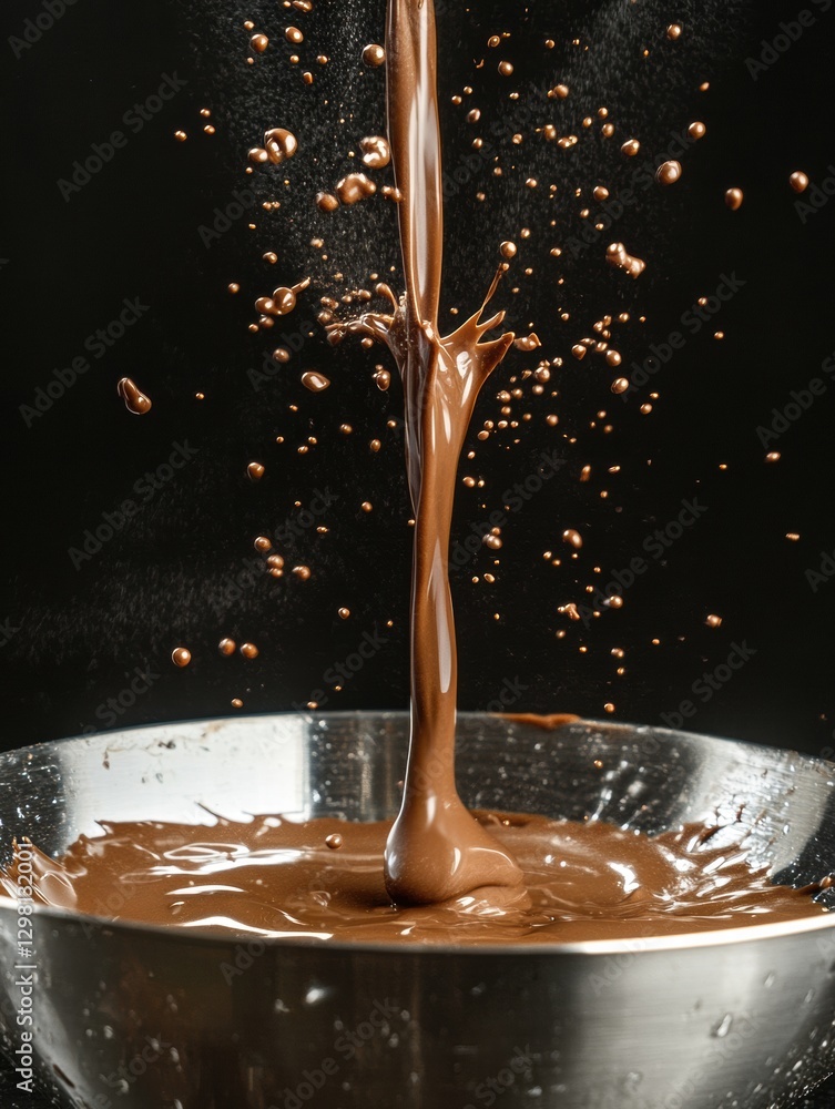 Poster Chocolate sauce pours into a metallic bowl creating splashes during a cooking process. Generative AI