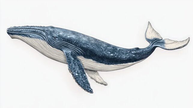 A majestic blue whale, rendered in lifelike detail&mdash;its sleek form highlighted by nuanced shading, from the pointed snout to its elegant, curving tail. Realistic textures evoke awe at this oceanic gian
