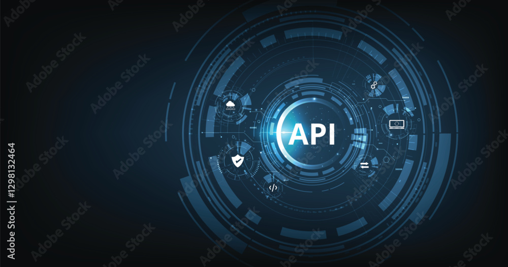 Poster Application Programming Interface (API) concept. Software development tool, information technology, modern technology, internet and networking concept on dark blue background.	