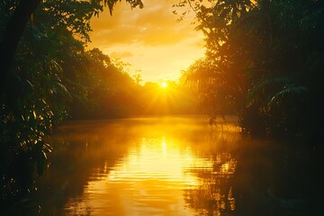A reflective lake showing a vivid golden sunrise framed by lush green trees