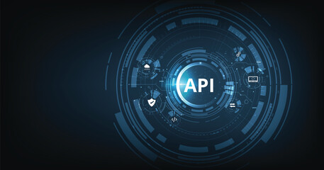 Application Programming Interface (API) concept. Software development tool, information technology, modern technology, internet and networking concept on dark blue background.	
