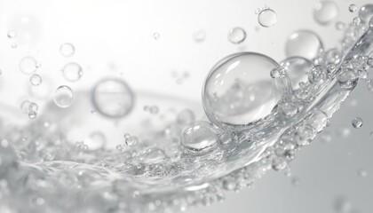 Close-up of floating liquid water bubbles on white background. Transparent ball-shaped spheres flow. Clean sterile shot for healthcare, medical, research, science concepts.