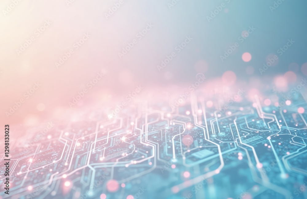 Aufkleber Abstract background shows roadmap in pastel pink, blue tones. Electronic circuit board lines connect in cyberspace. Conceptual chips, circuits texture present hi-tech, engineering integration for AI