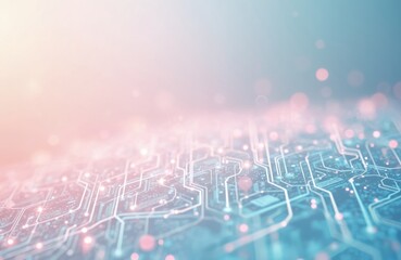 Abstract background shows roadmap in pastel pink, blue tones. Electronic circuit board lines connect in cyberspace. Conceptual chips, circuits texture present hi-tech, engineering integration for AI