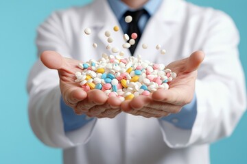 Hands of a doctor in a white coat presenting colorful pills in mid air against a clinical blue background representing medical innovation and healthcare