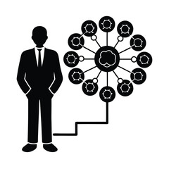 Analytical corporate thinker silhouette standing before a complex matrix of ideas