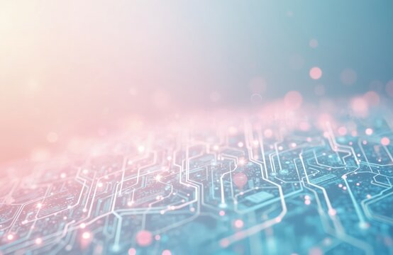 Abstract background shows roadmap in pastel pink, blue tones. Electronic circuit board lines connect in cyberspace. Conceptual chips, circuits texture present hi-tech, engineering integration for AI