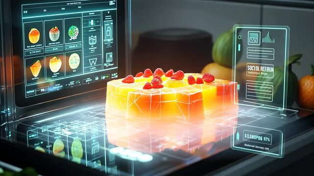 Brightly illuminated dessert with fresh berries, showcasing advanced food printing technology.