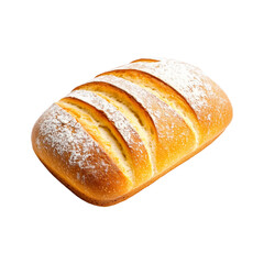 A fresh loaf of white bread showing its golden crust and soft interior, isolated on white transparent background.