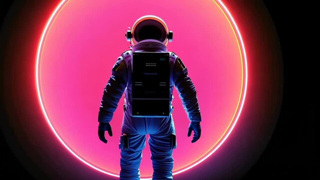 Astronaut stands boldly before glowing pink orb, symbolizing exploration and wonder