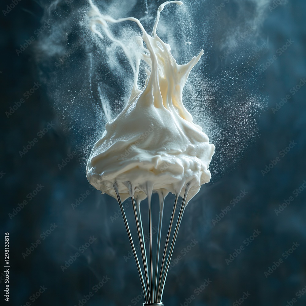 Poster whipped cream in motion catching light against dark background with splashes and texture creating a 