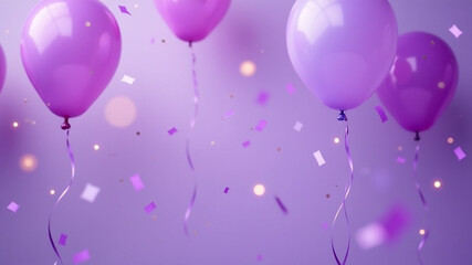 Purple balloons  and confetti on purple background. Text space. Party celebration concept