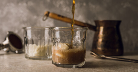 Delicious iced coffee with ice cream. Selective focus. Shallow depth of field.