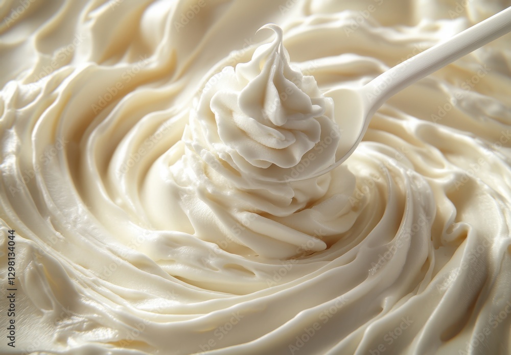 Poster whipped cream swirl topped with a decorative peak on a smooth creamy surface in a close-up view for 