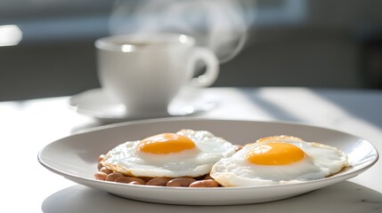 A classic, hearty breakfast with sunny-side-up eggs, crispy sausage and baked beans, Generative AI