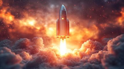  An innovative lightbulb and a cute 3D rocket launch on a soft blank background symbolize creativity, progress, and new ideas. A futuristic representation of modern thinking and technological advancem
