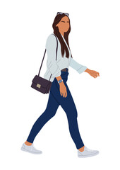 Obraz premium Girl walking side view. Modern young woman wearing street fashion casual outfit, jeans, white shirt, sneakers with hand bag. Vector realistic illustration isolated