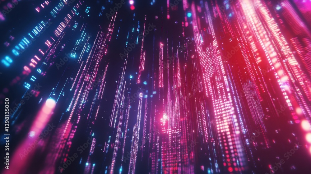 Poster abstract digital economy visualization with stock exchange charts, binary code, and glowing financia