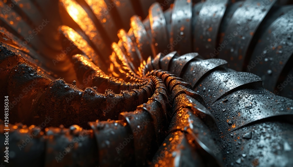 Poster Close-up of turbine blades with spiral effect, fractal pattern. Abstract industrial production with metallic staircase, turbine manufacturing, aviation technology, futuristic fractal staircase.