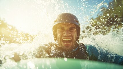 Thrill-seeker captures joy amidst splashes, showcasing vibrant w
