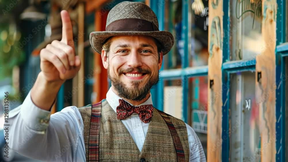 Poster man in a hat and vest is pointing to the sky. he is smiling and he is happy