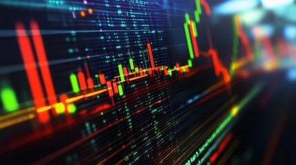 Abstract digital economy visualization with stock exchange charts, binary code, and glowing financial data streams