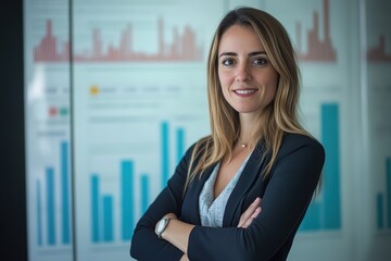 Obraz premium Confident Businesswoman Standing in Front of Financial Chart Background, 8k image