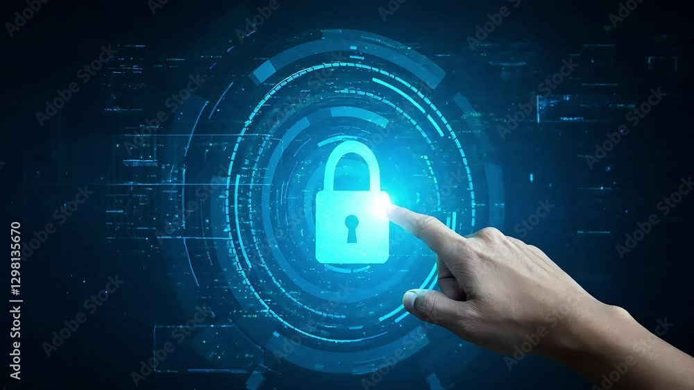Poster digital security concept with a hand reaching for a glowing lock amidst a tech background